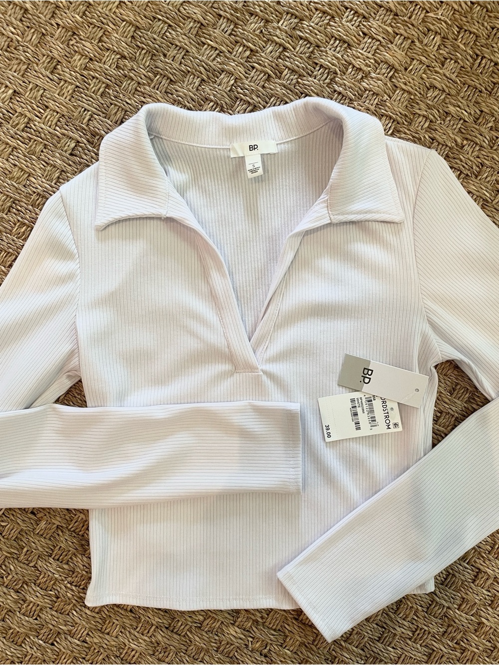 Ribbed Long-Sleeve Collared Polo Top in White NWT